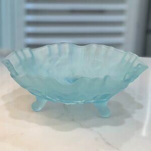 Vintage Imperial Glass Blue Satin Roses Footed Bowl